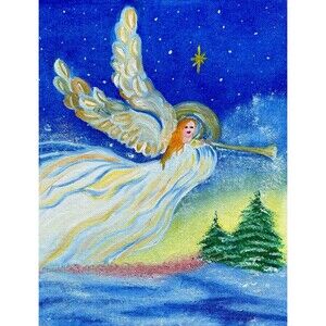 Original Oil Painting Angel Trumpet Christmas Winter Night Sky 8x10 Canvas Art